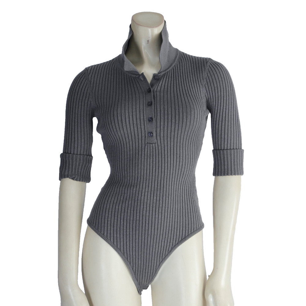 Ribbed Knit Henley Bodysuit Gray Short Sleeve Button Front One Piece S Designer